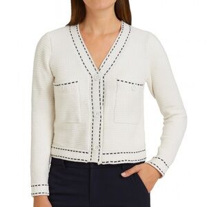 Textured White with Black Stitching Detail, V-Neck Button Up Woman’s Sweater